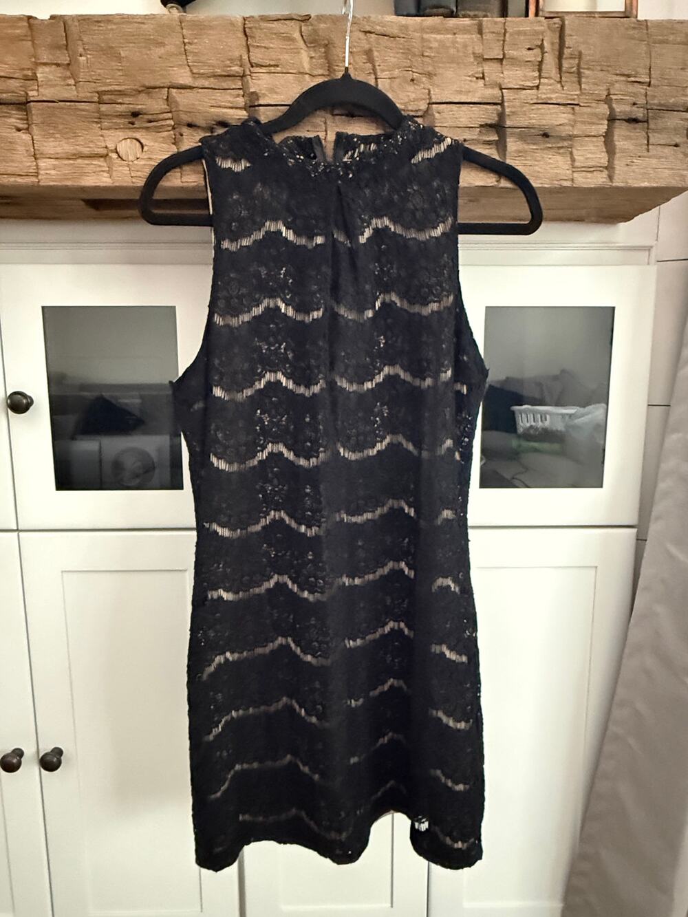 Love Fire Black Lace Overlay Mini Dress Sz L High Neck Sleeveless Bodycon